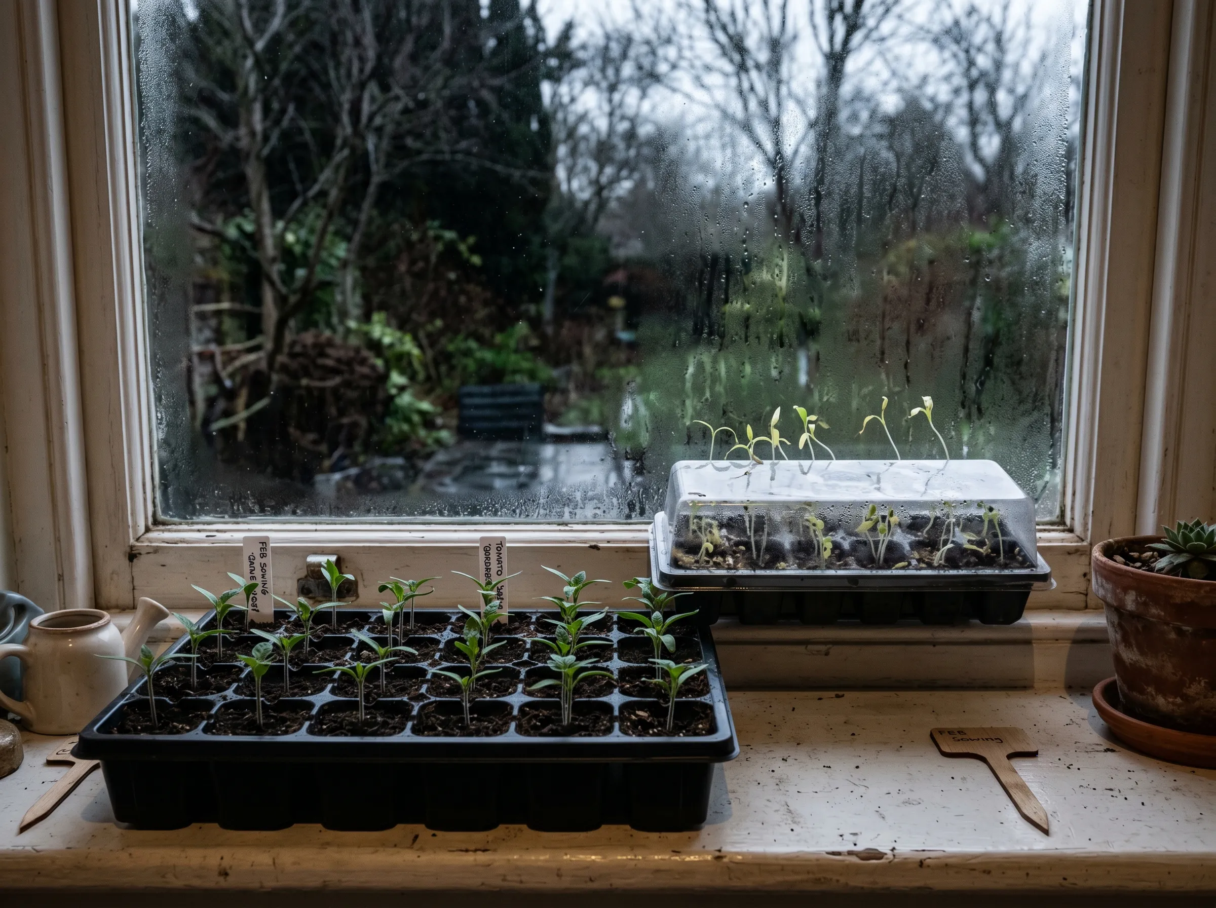UK windowsill in February showing seed trays where the front edge tray (closest to the glass) has poor germination and patchy seedlings while the rear tray (further from glass) shows uniform healthy seedling emergence