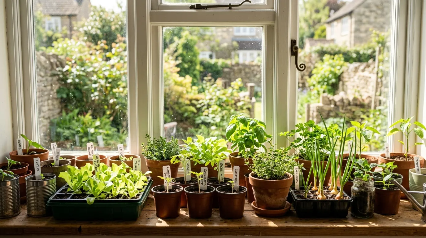 Windowsill vegetables growing on a bright UK kitchen windowsill with herbs, lettuce, and chillies in pots