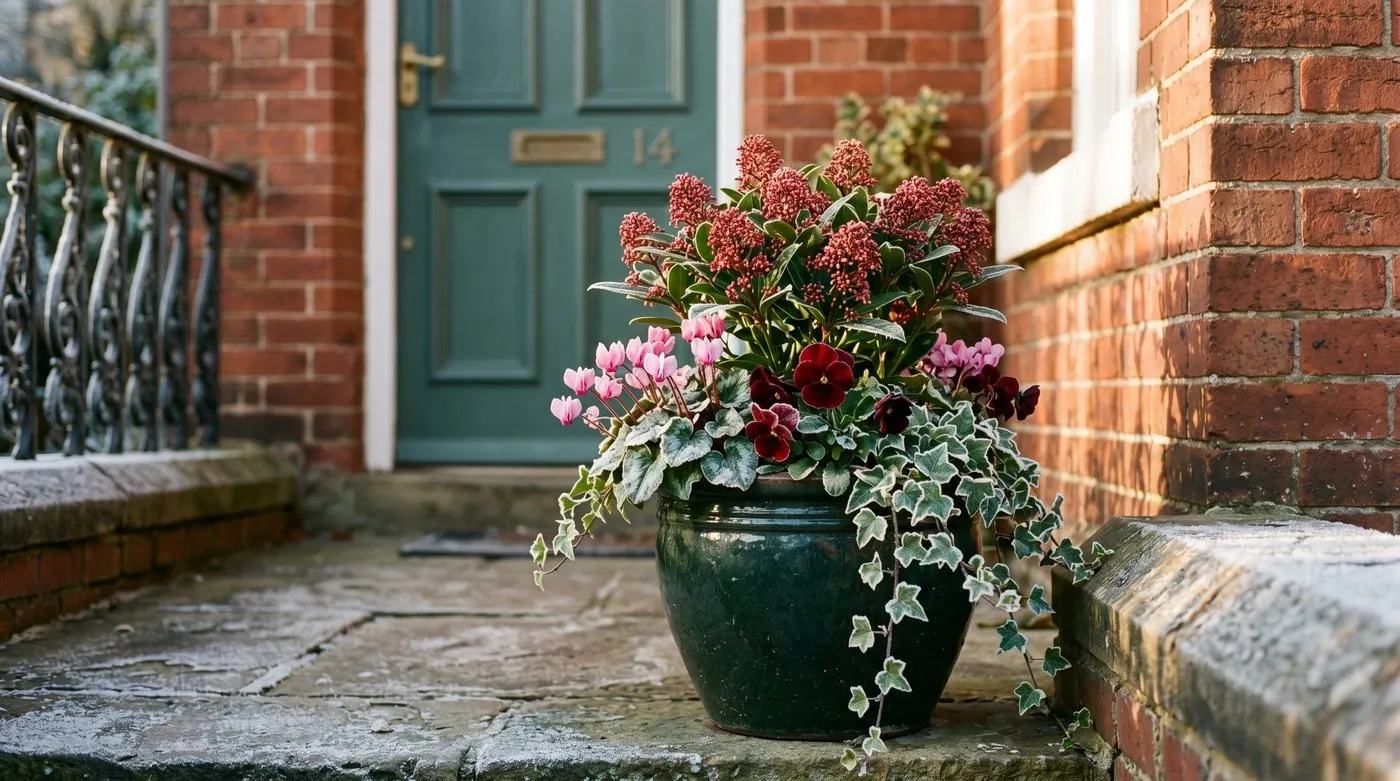 Winter container planting with skimmia, cyclamen and violas in a glazed pot on a terraced house doorstep