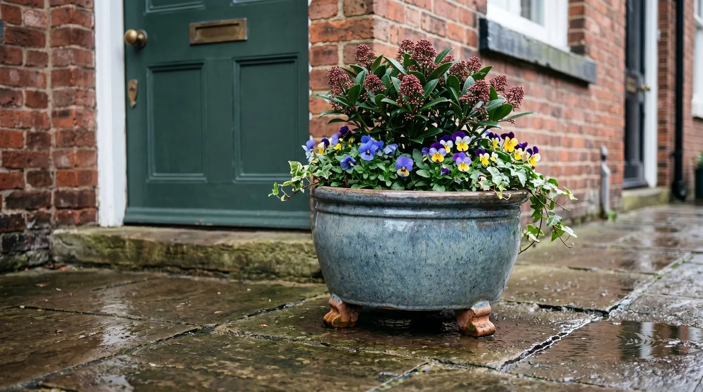 Glazed frost-proof container raised on three pot feet beside a terraced house front door