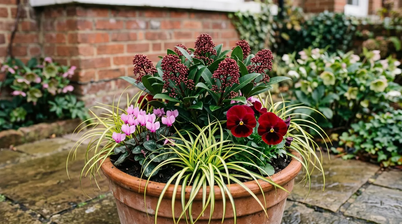 Skimmia, carex, cyclamen and violas planted at final density in a 40cm winter container