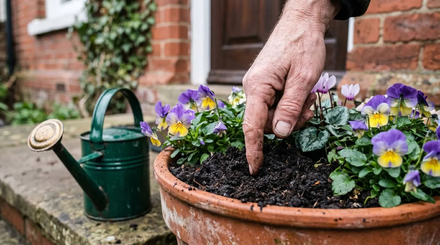 Gardener's hand testing compost moisture in a winter container by a front door
