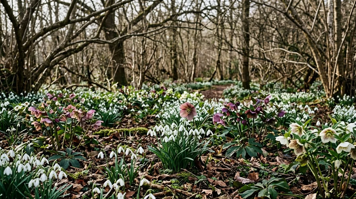 Winter flowering snowdrops and hellebores blooming together in a UK woodland garden in February