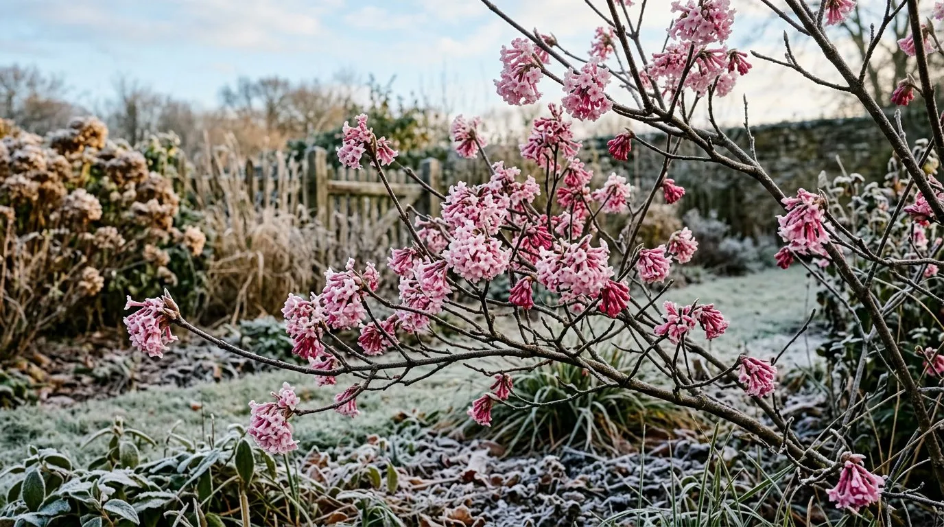 Winter flowering viburnum Dawn with fragrant pink flower clusters on bare stems in a UK garden