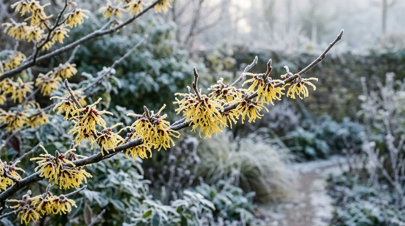 Winter flowering witch hazel with spidery yellow blooms on frosty bare branches in a UK garden