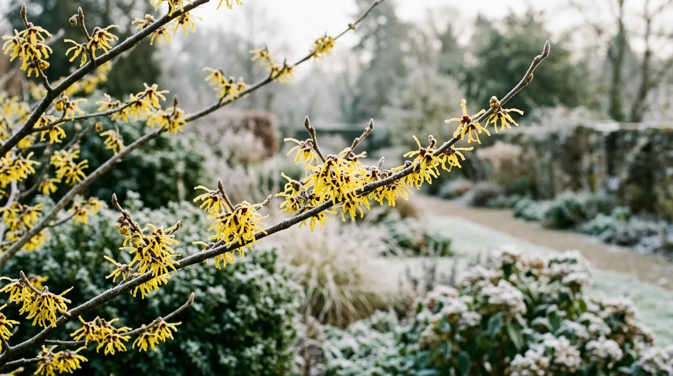 Best winter flowering shrubs calendar showing Hamamelis witch hazel with yellow ribbon-like flowers on bare winter branches
