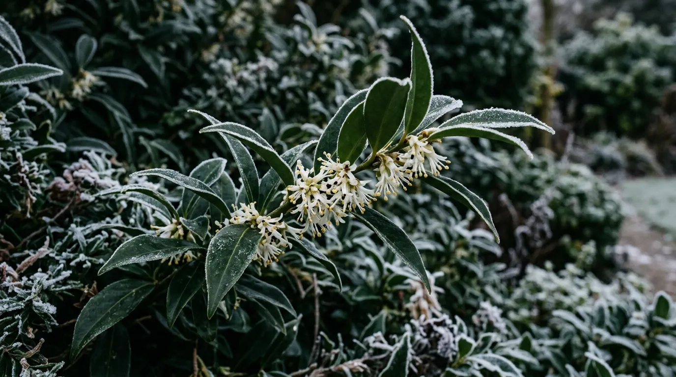 Best winter flowering shrubs including Sarcococca with small white fragrant flowers against dark evergreen foliage in a UK garden