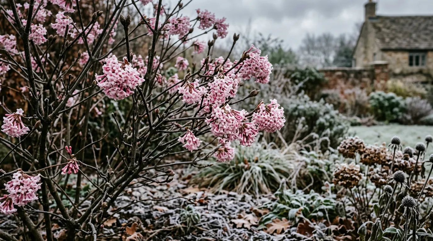 Best winter flowering shrubs UK border showing Viburnum bodnantense Dawn with pink flower clusters on bare winter stems