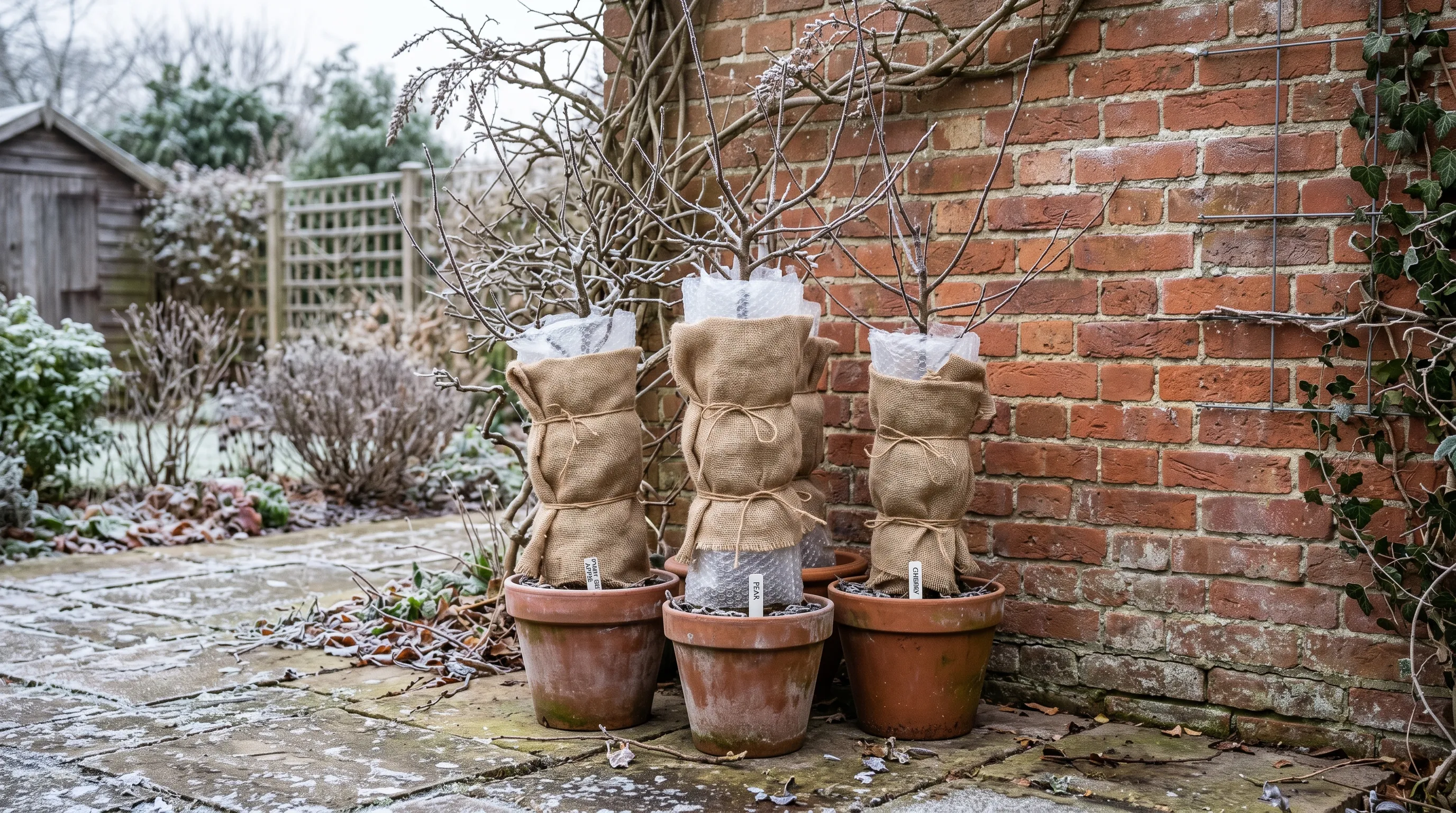 UK garden in winter with three potted dwarf fruit trees wrapped in hessian and fleece, sheltering against a south-facing brick wall, frost on the patio surface