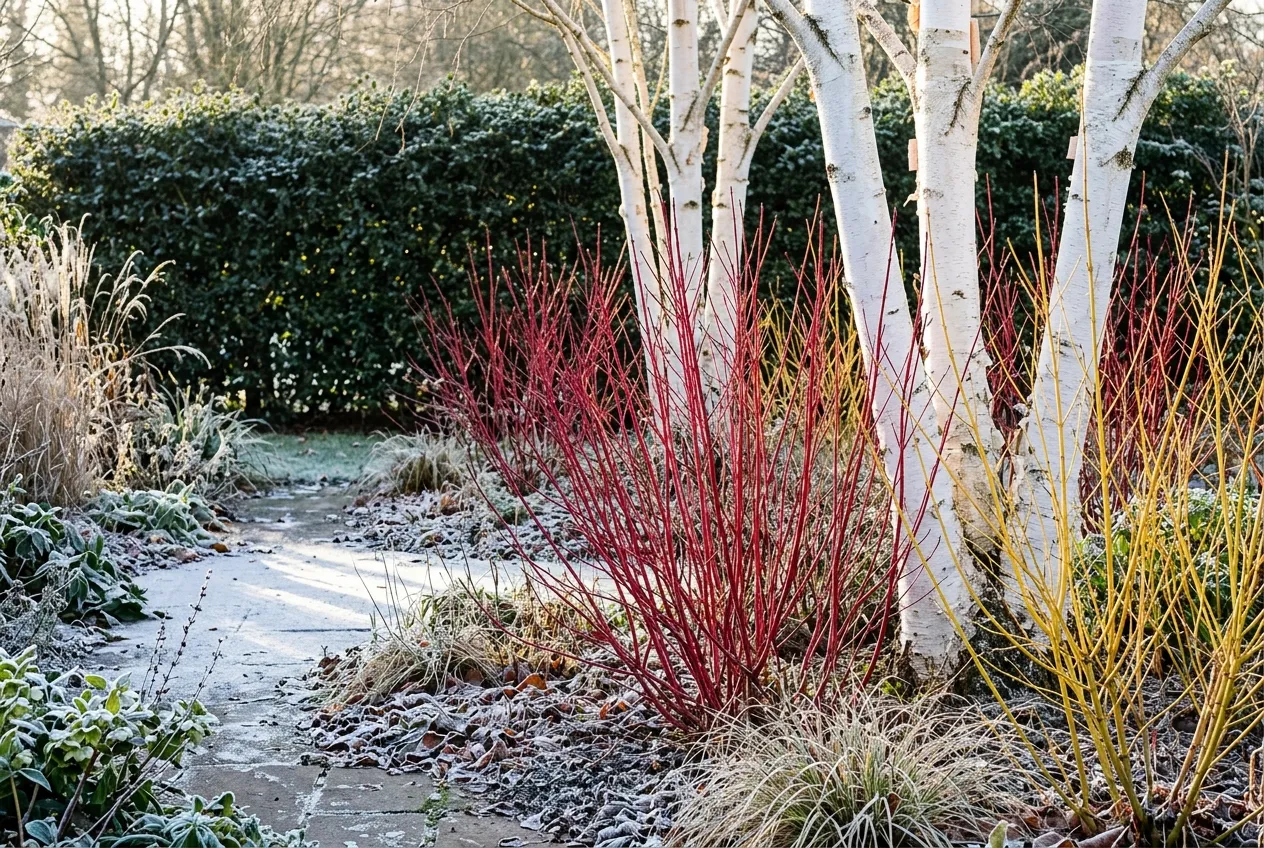 Winter garden with year-round interest showing red cornus stems, golden willow stems, and white birch bark against frost in a UK garden