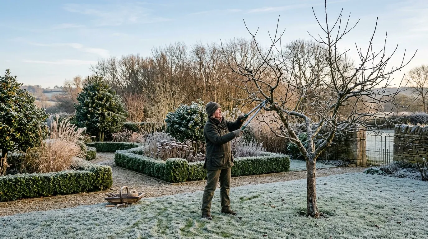 Frosty UK garden in winter morning light with bare trees, evergreen structure, and a gardener pruning an apple tree