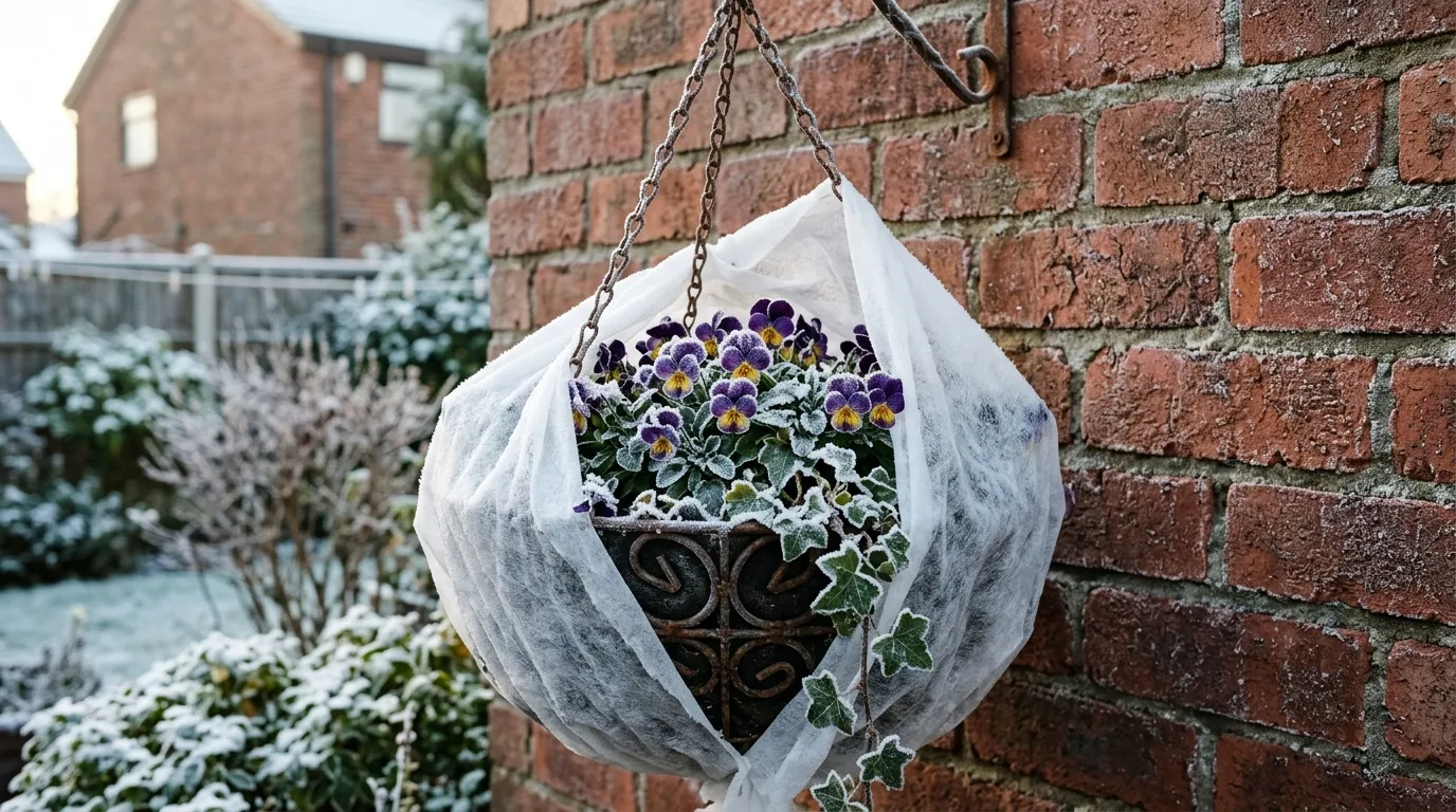 A frost-covered winter basket of violas and ivy against a brick wall with a thin fleece wrap part-removed