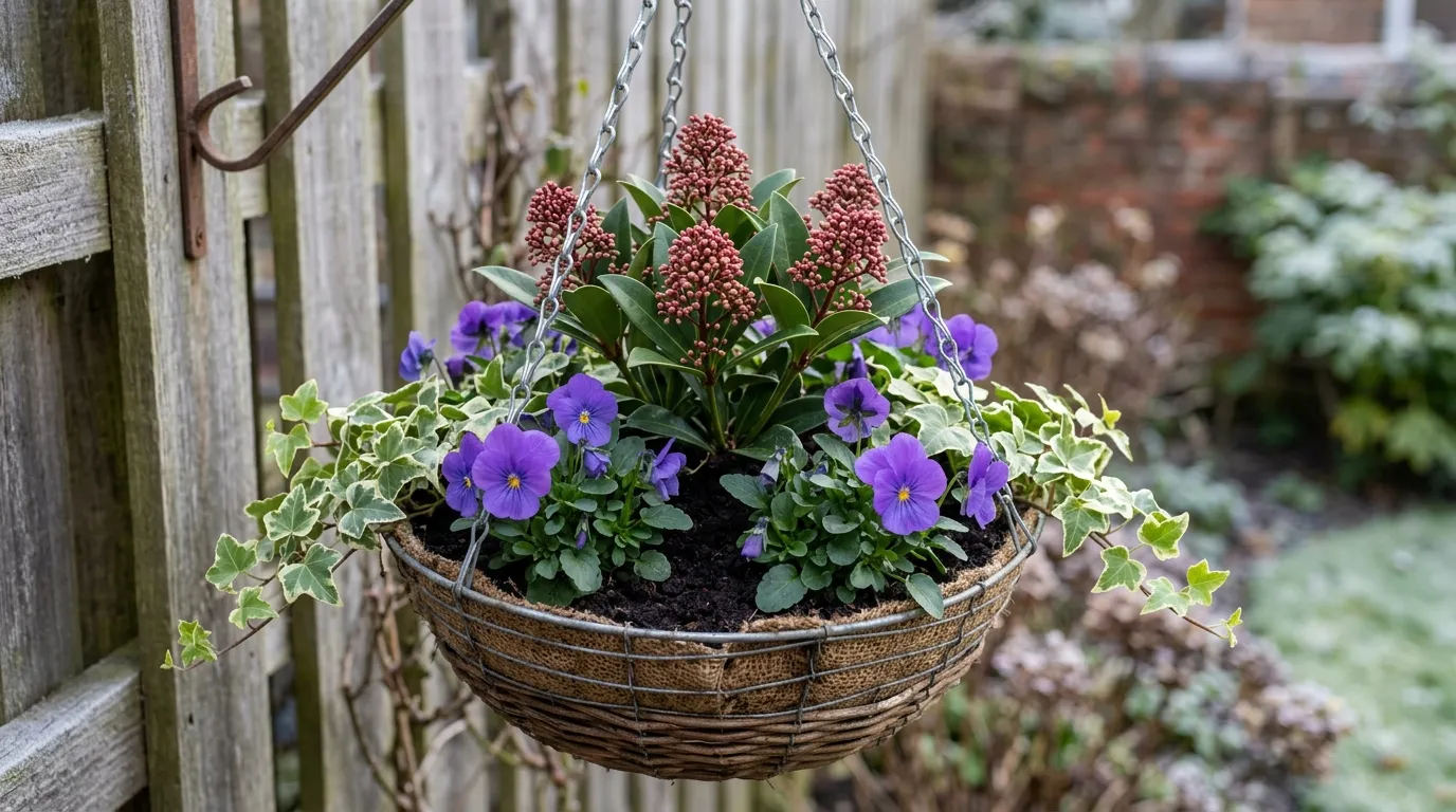 Close-up of a planted winter basket showing purple violas, variegated ivy and a Skimmia bud cluster