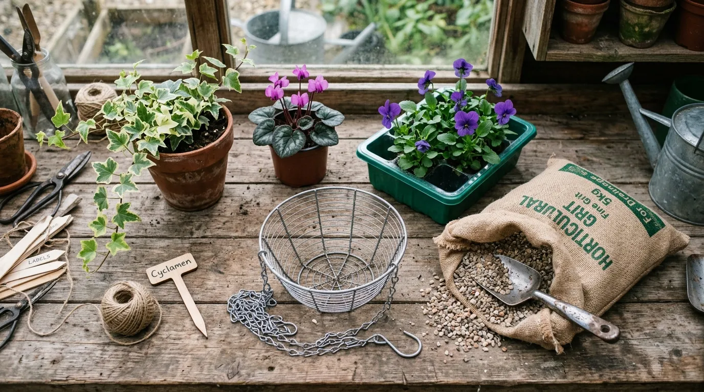 Planting ingredients laid out before assembly: viola plugs, variegated ivy, a Cyclamen coum and a bag of grit
