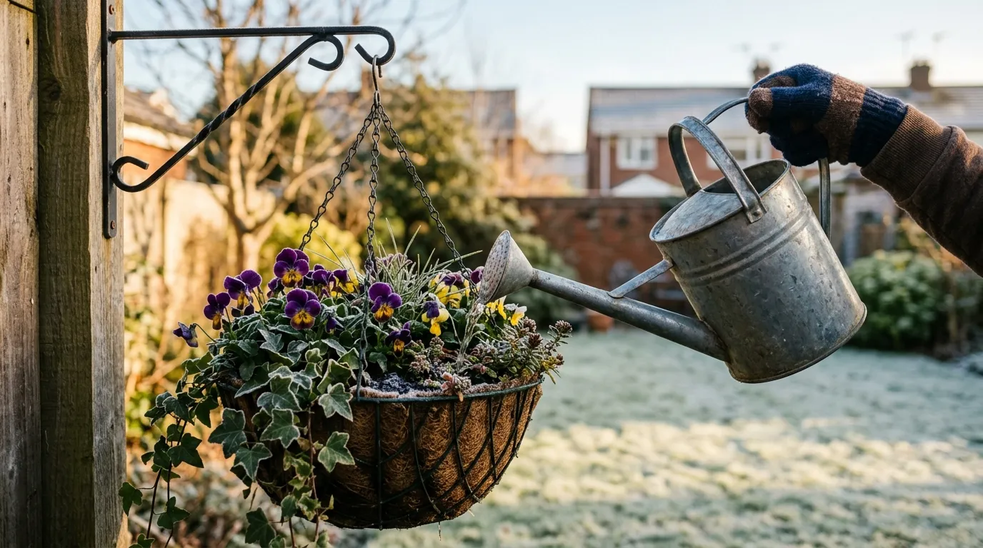 Watering a winter basket at midday with a long-spout can, low winter sun on a frosty suburban garden