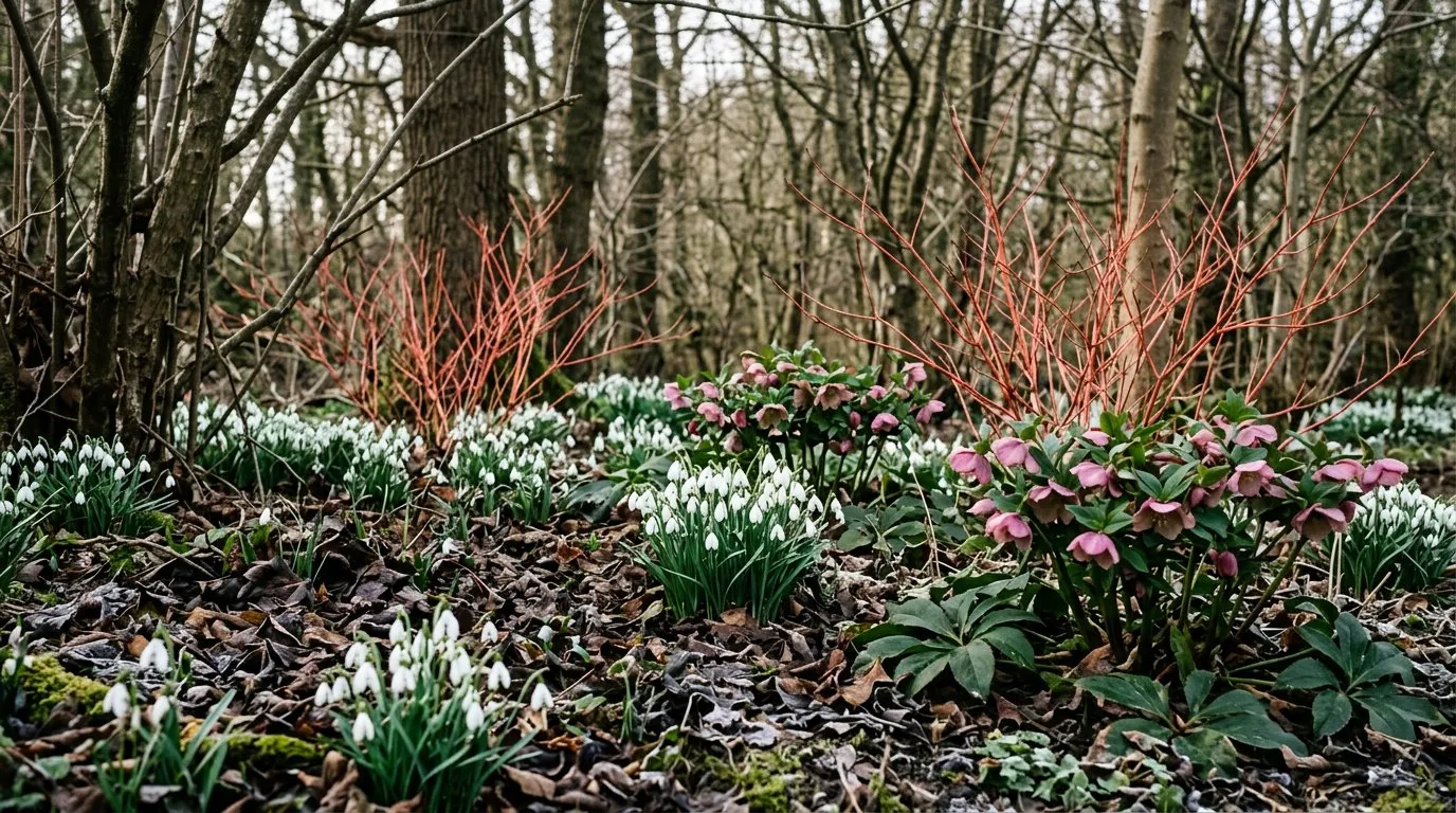 UK garden border in winter with snowdrops, hellebores, and the colourful stems of cornus providing winter interest