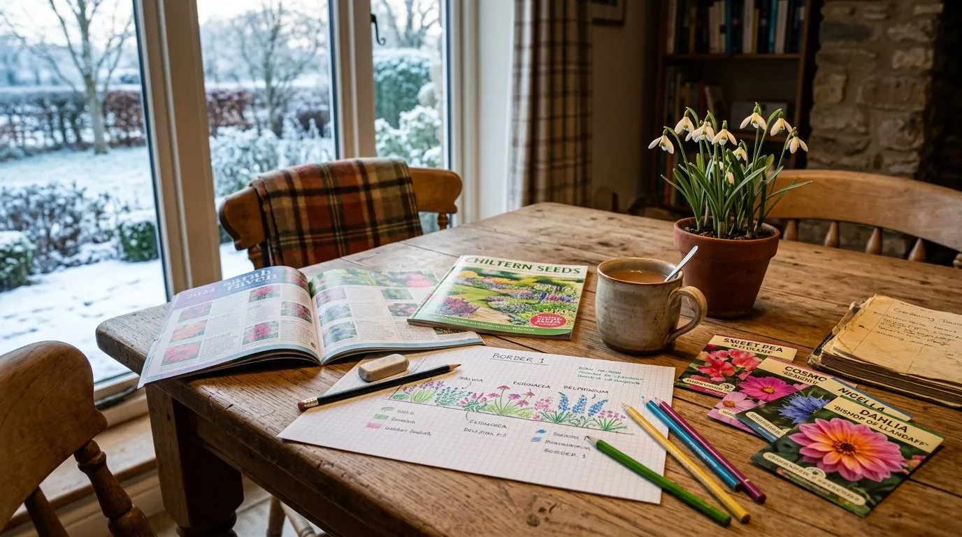 Gardener's planning table in winter with seed catalogues, graph paper, coloured pencils, and a cup of tea