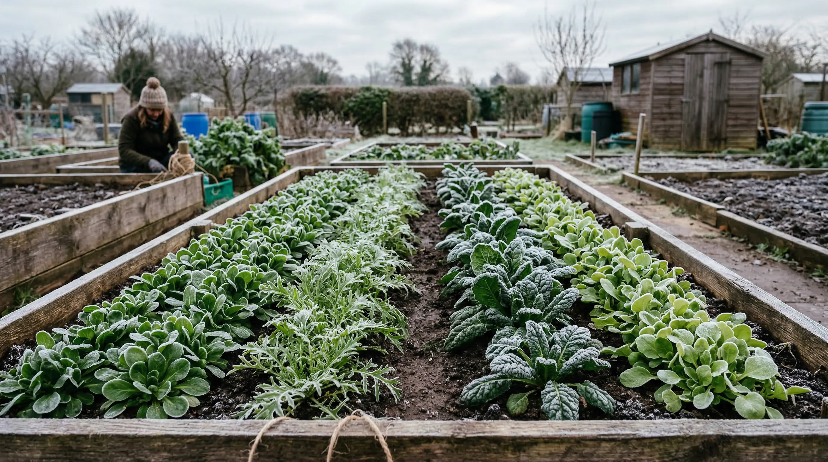 Winter salad leaves growing in rows in a frost-covered UK vegetable garden