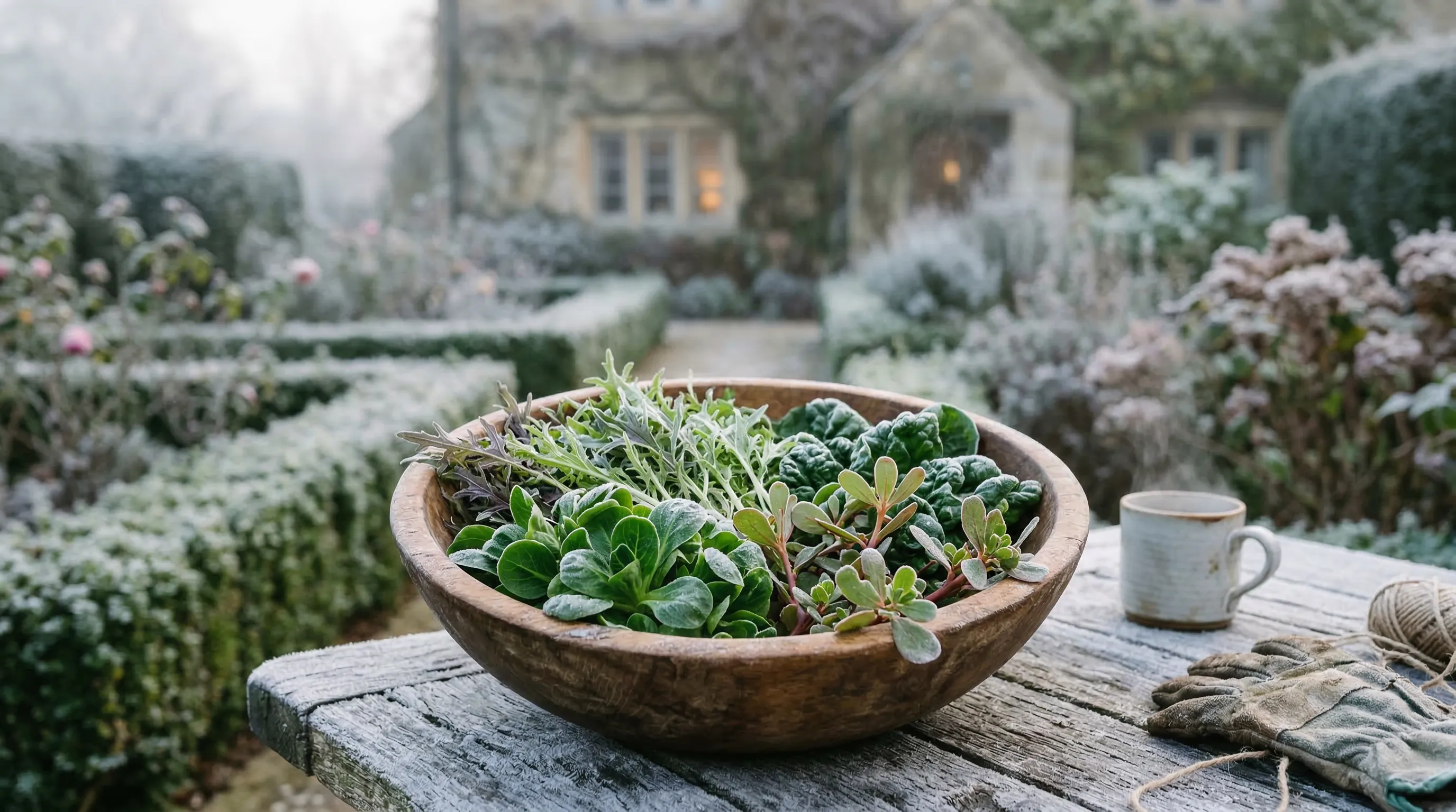 Fresh winter salad leaves harvested into a wooden bowl in a frosty UK kitchen garden