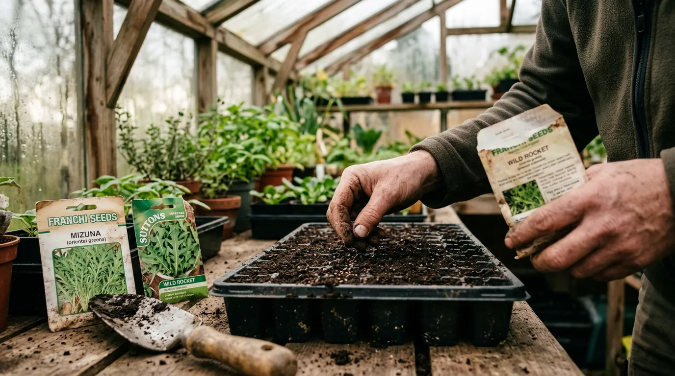 Hands sowing winter salad seeds into module trays in a greenhouse