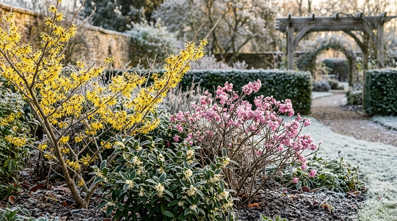 Best winter flowering shrubs blooming with fragrant flowers on bare branches in a frosty UK garden border