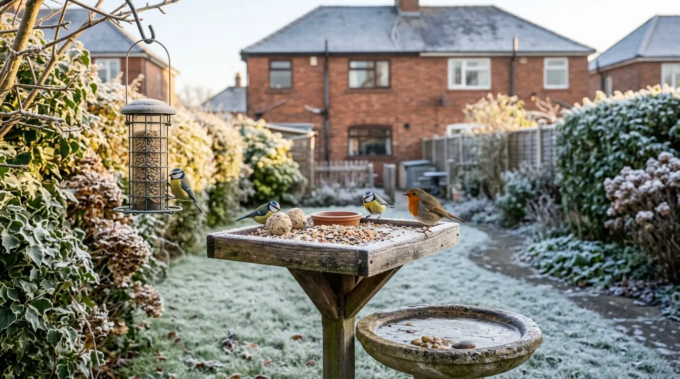 Blue tits and a robin visiting a bird table in a frosty winter wildlife garden with a suburban UK backdrop