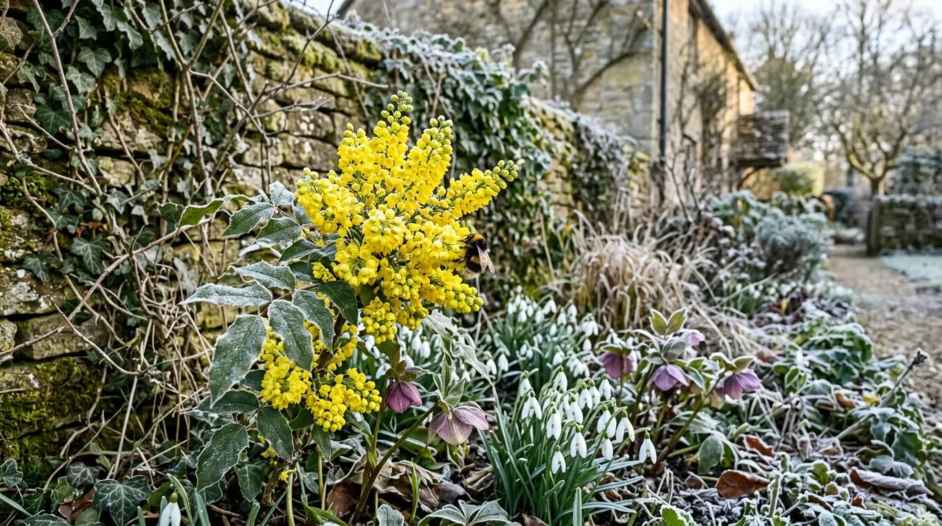 Mahonia, snowdrops, and hellebores flowering along a stone wall in a winter wildlife garden in the English countryside