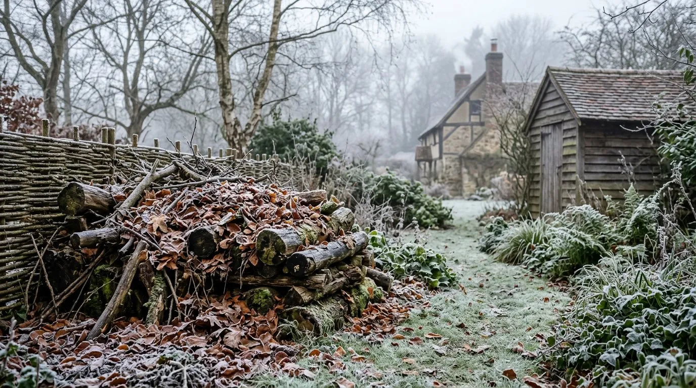 A log pile and fallen leaves forming a winter wildlife garden hedgehog hibernaculum in a frosty English cottage garden