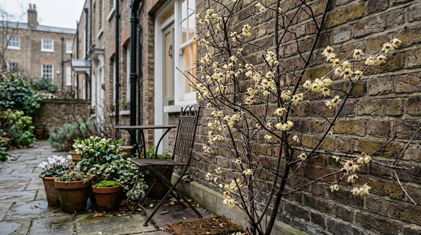Wintersweet trained against a brick wall in a small city courtyard garden with paving in winter