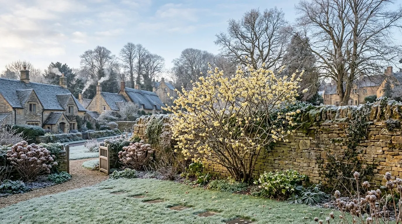 A frosty winter garden in a Cotswold village with a flowering wintersweet shrub by a stone wall
