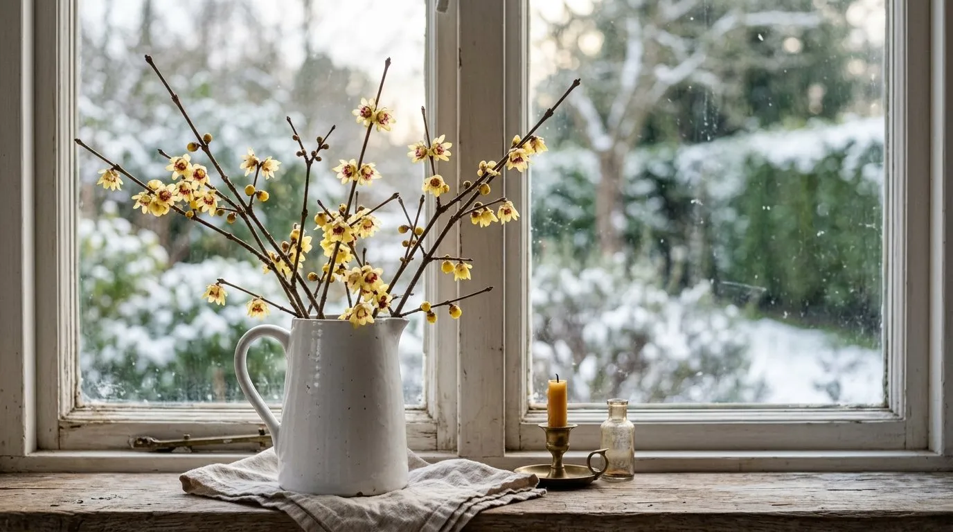 A jug of cut flowering wintersweet stems on a sunlit kitchen windowsill in winter