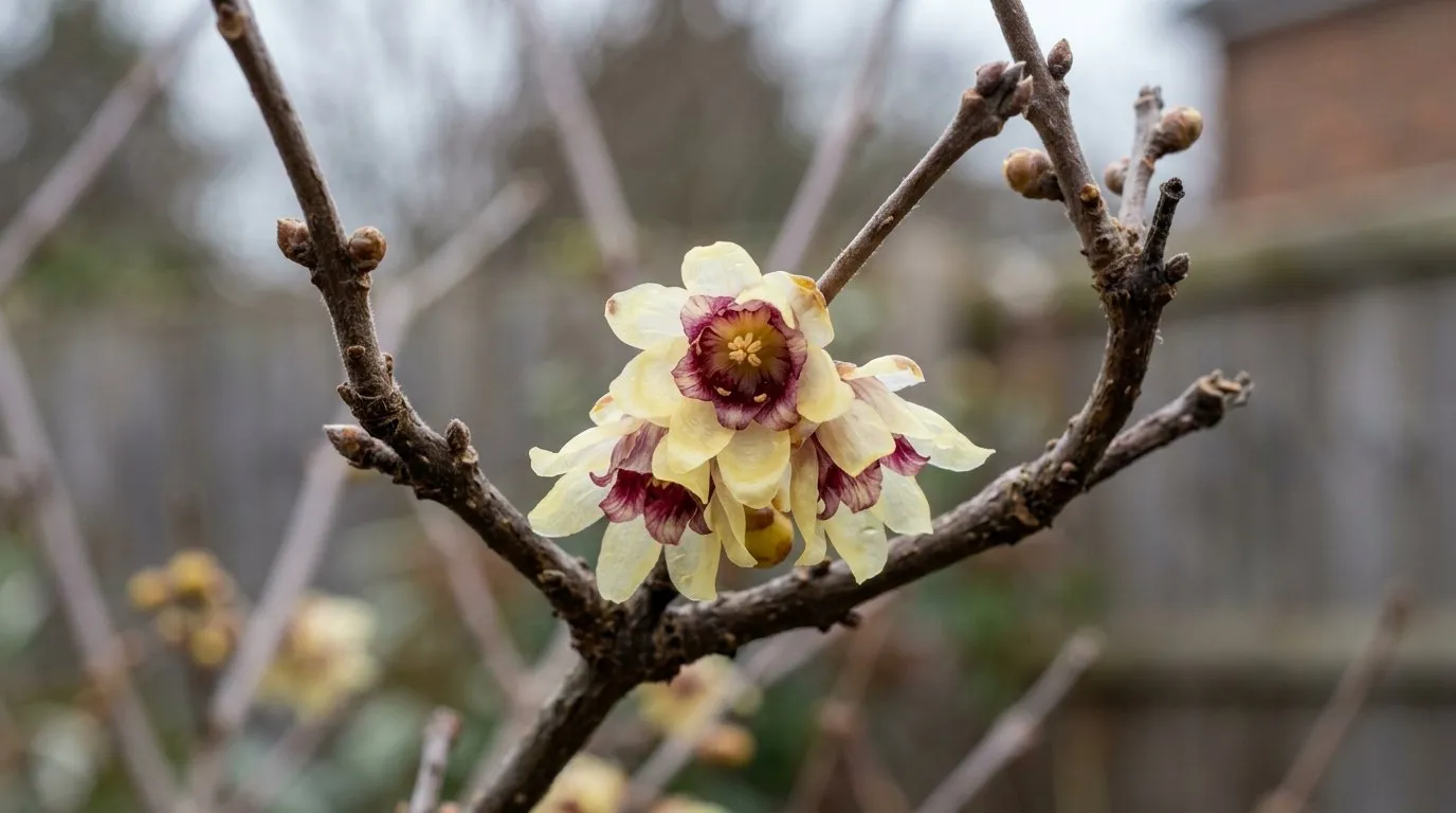 Close-up of waxy translucent pale-yellow wintersweet flowers with maroon centres on bare branches