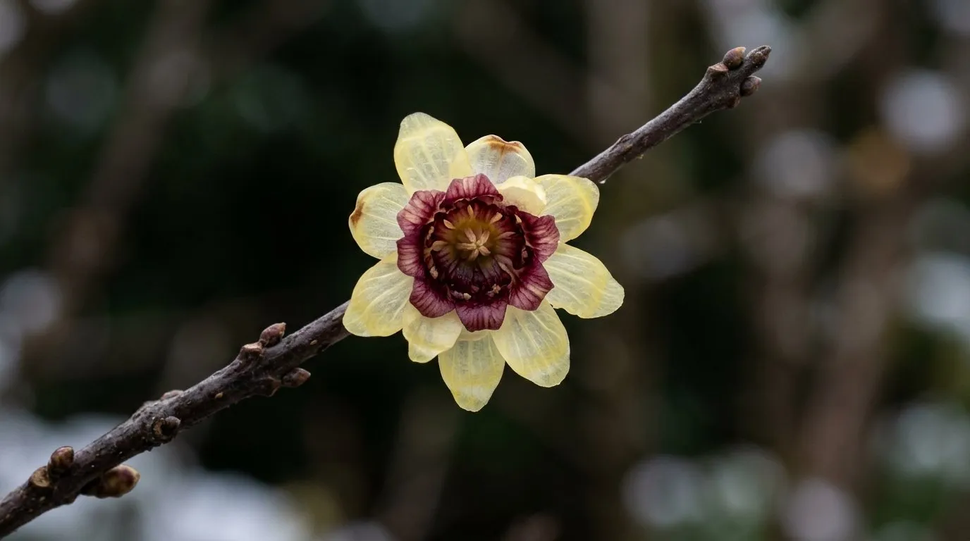 Macro close-up of a single translucent pale-yellow wintersweet flower showing the maroon-purple centre