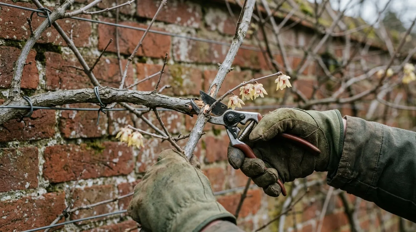 Hands using secateurs to prune a wintersweet shrub against a wall in February after flowering