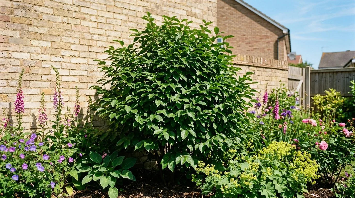 A sheltered south-facing border in summer leaf with a young wintersweet shrub on a suburban estate