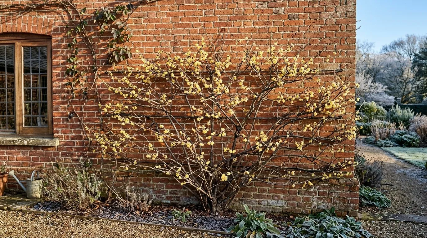 Wintersweet trained flat against a warm red-brick house wall in a winter Hampshire garden