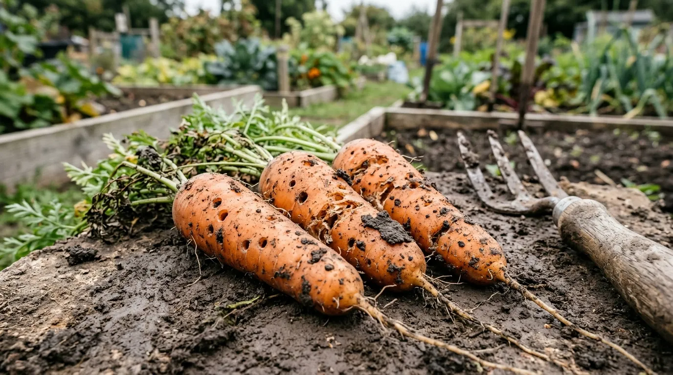 Three UK carrots lifted from clay soil showing small wireworm entry holes and ragged surface tunneling along the orange roots