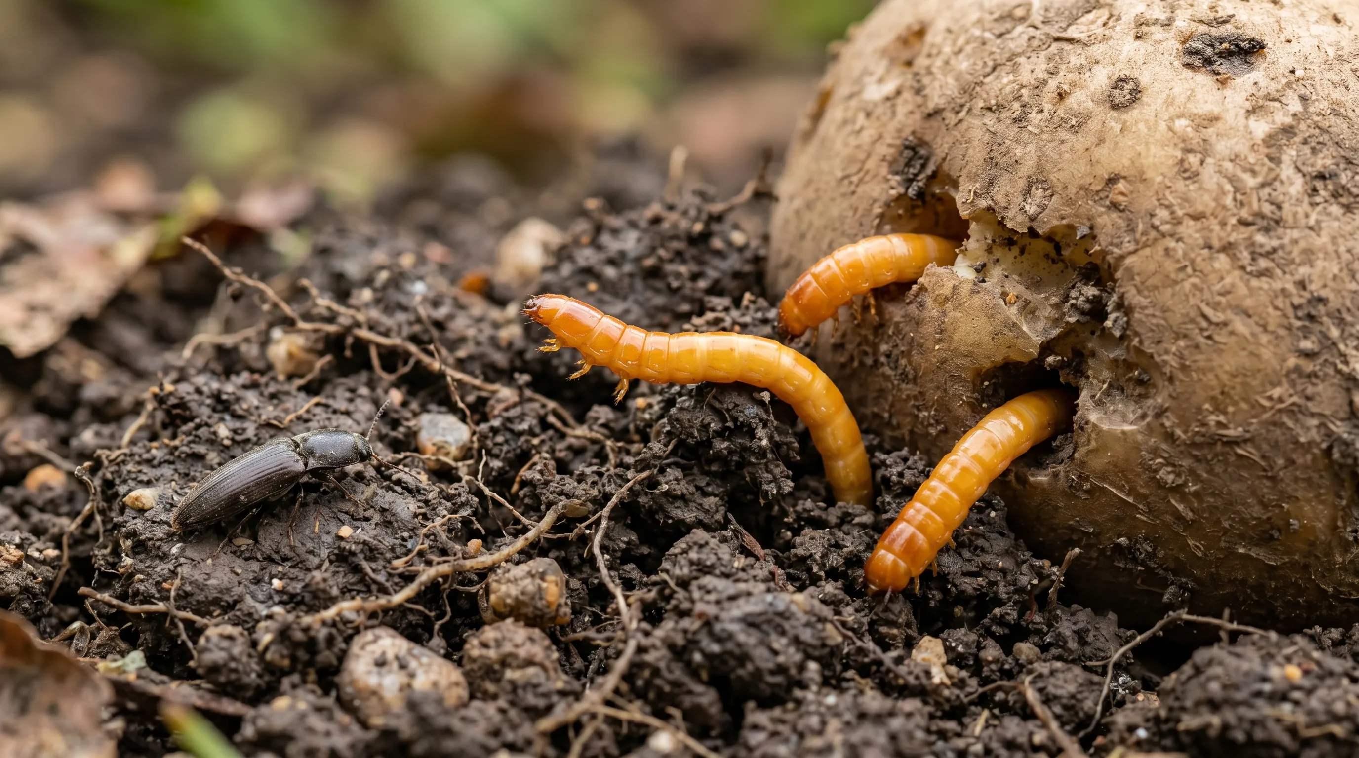 Three orange-yellow wireworm larvae emerging from cut UK garden soil next to a damaged Maris Piper potato with an adult click beetle on the surface