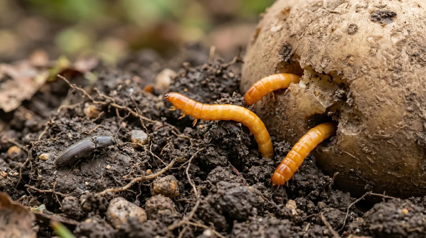 Three orange-yellow wireworm larvae emerging from cut UK garden soil next to a damaged Maris Piper potato with an adult click beetle on the surface