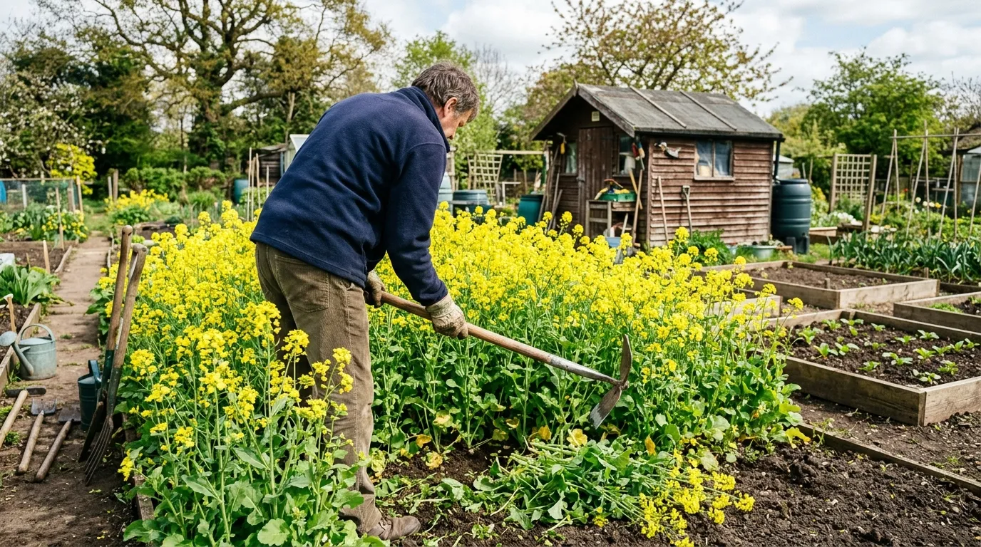 UK allotment plot with a dense stand of yellow-flowering mustard green manure being chopped down with a Dutch hoe before digging in