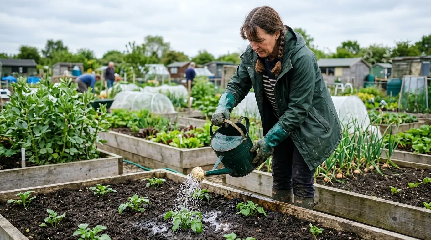 UK gardener in waterproof gloves applying Steinernema nematode drench from a watering can to a potato bed in early summer with cloud-covered British sky