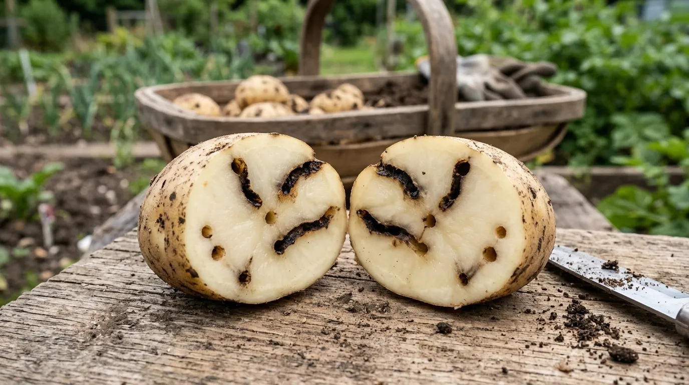Cut Maris Piper potato showing clean 2mm wireworm tunnels running through the cream flesh with blackened tunnel walls and no rot