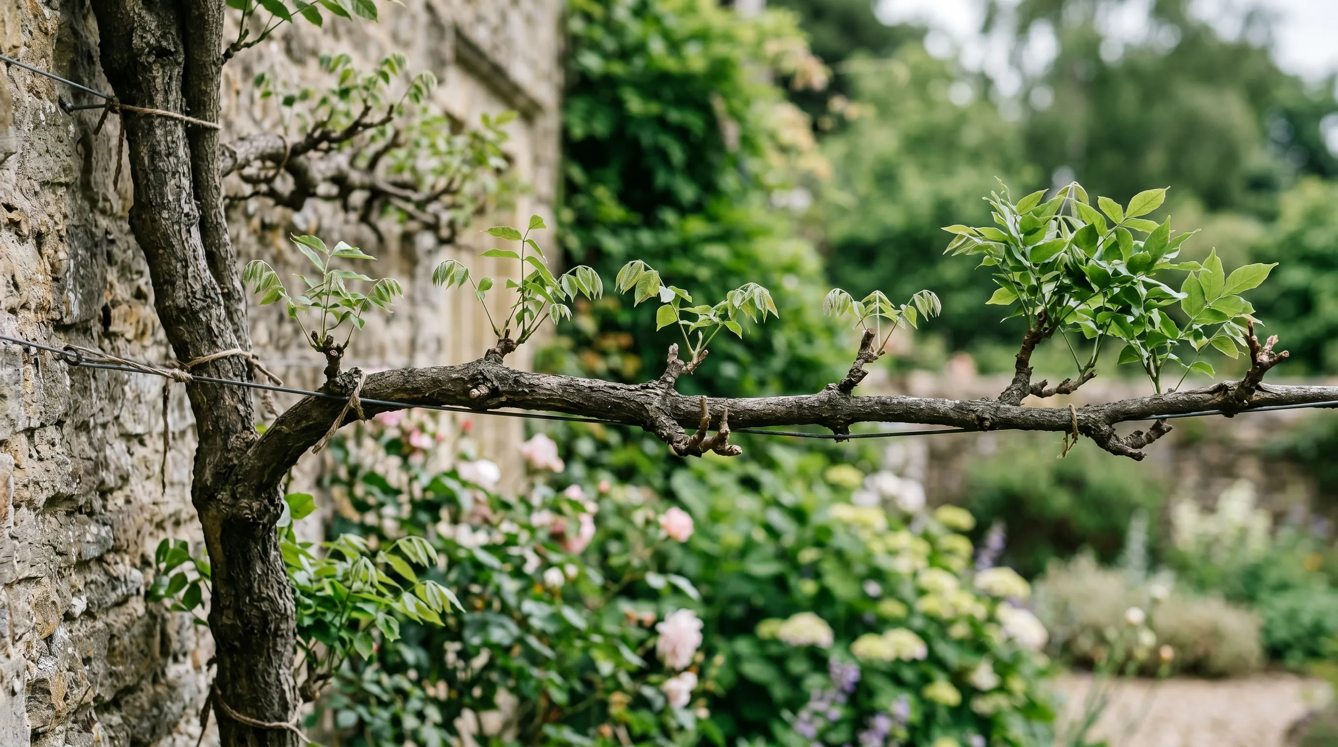 The same UK wisteria after the summer prune showing the 6-leaf stubs remaining along the main framework, with a tidy appearance and the framework structure clearly visible