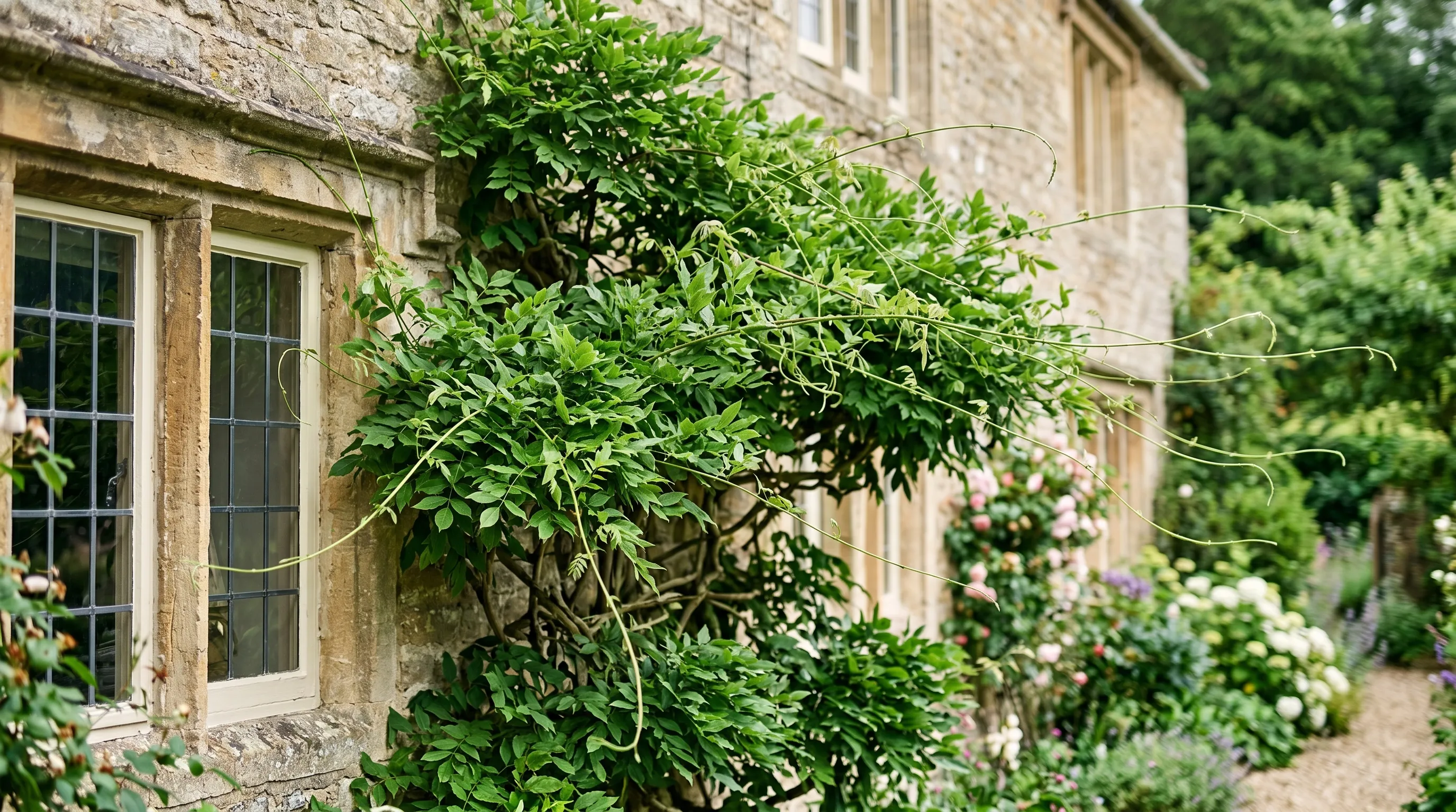 A UK wisteria on a south-facing house wall in early August before the summer prune, with multiple long whippy shoots extending in all directions from the main framework