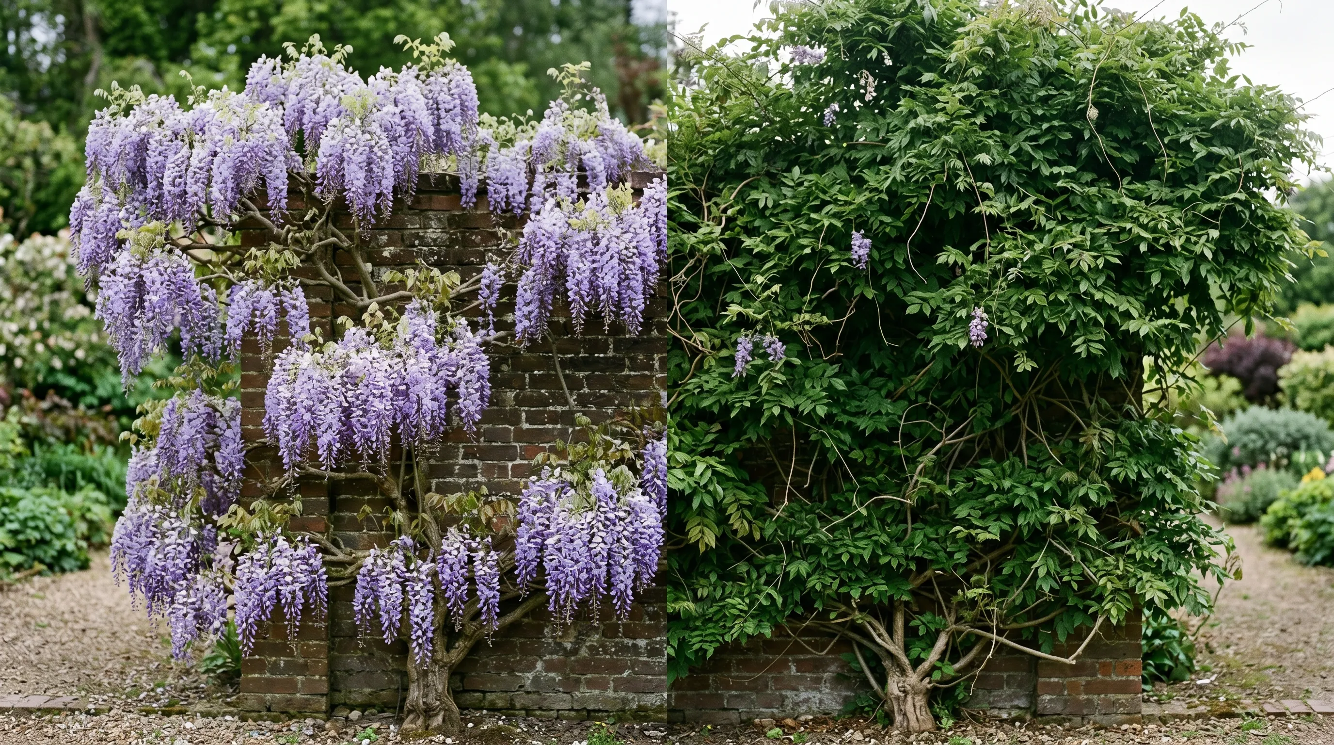 A diagnostic comparison of two UK wisterias in May, the left pruned in summer and winter showing abundant pendulous flower racemes, the right unpruned showing dense foliage and only sparse flowering