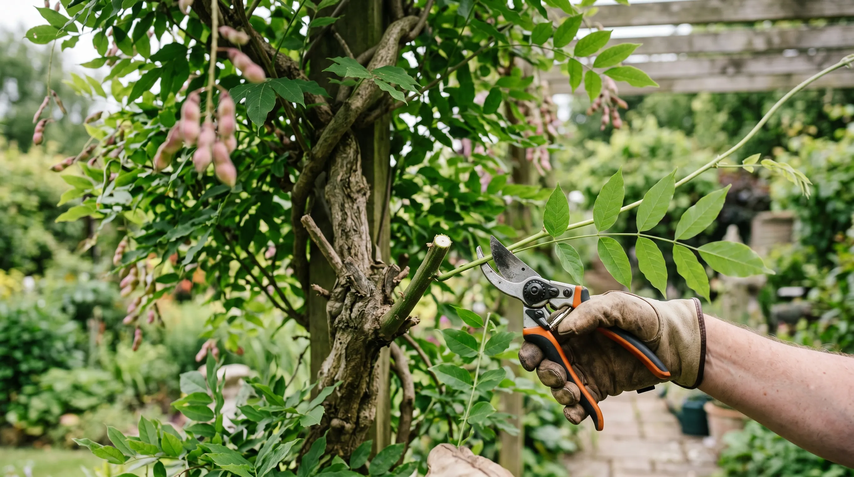 A close-up of a UK wisteria summer prune cut, showing a long whippy shoot being cut just above the 6th leaf with sharp bypass secateurs, the remaining 150mm stub clearly visible