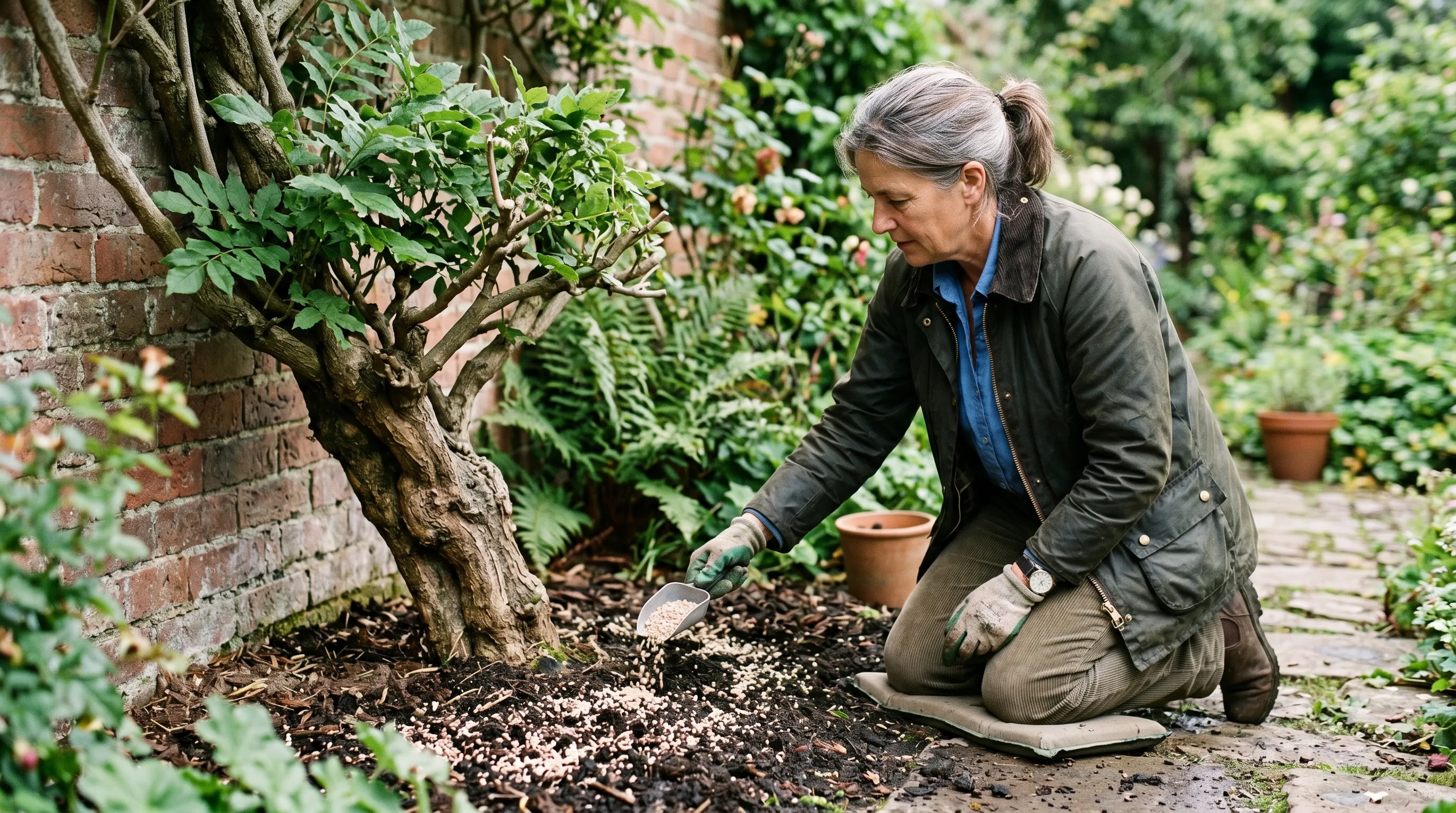 A UK gardener applying rose feed at the base of a wisteria after the summer prune, with the granules visible on the soil around the drip line
