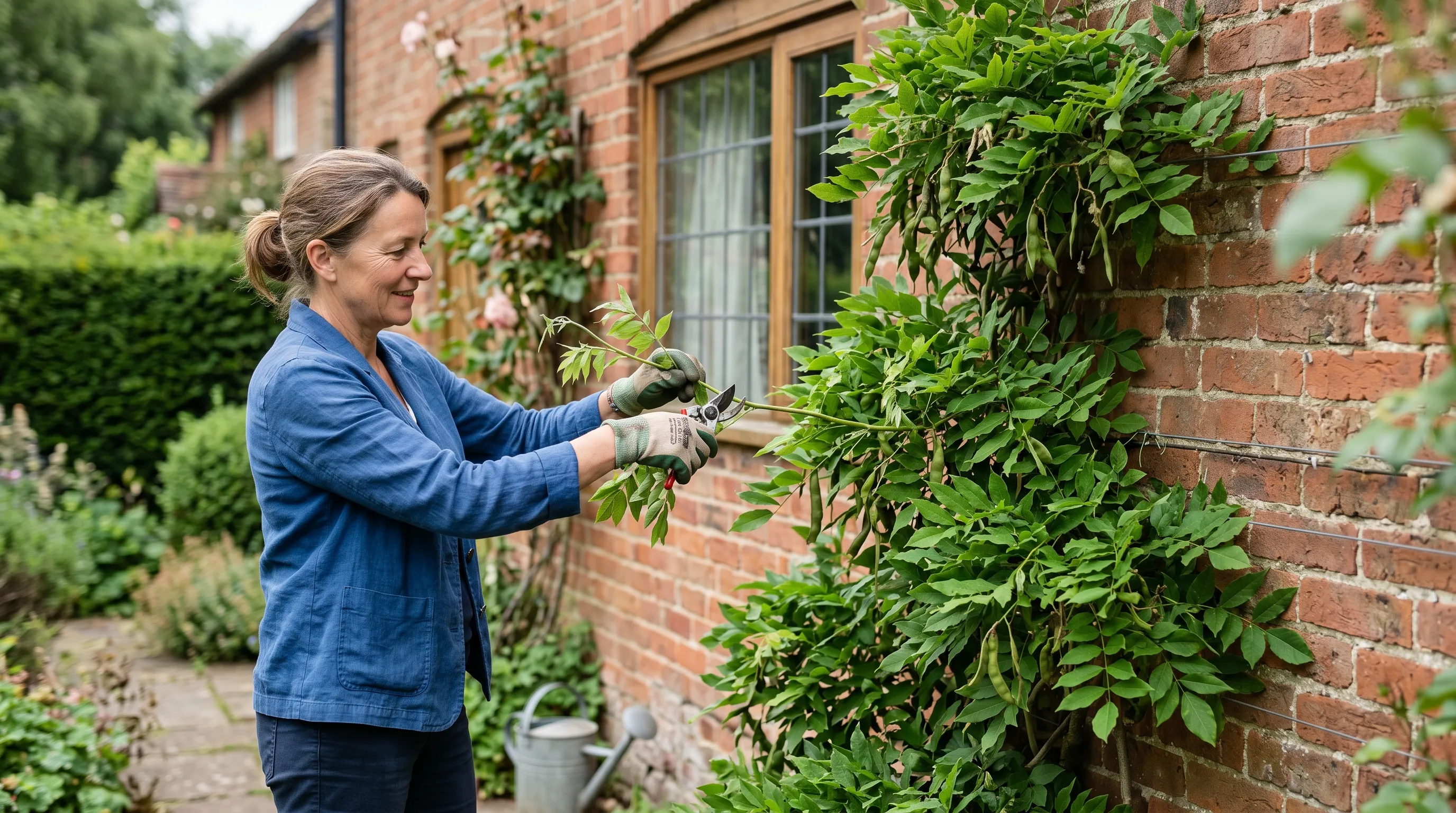 A UK wisteria growing on a south-facing house wall after spring flowering with the gardener cutting long whippy summer shoots back to about 150mm