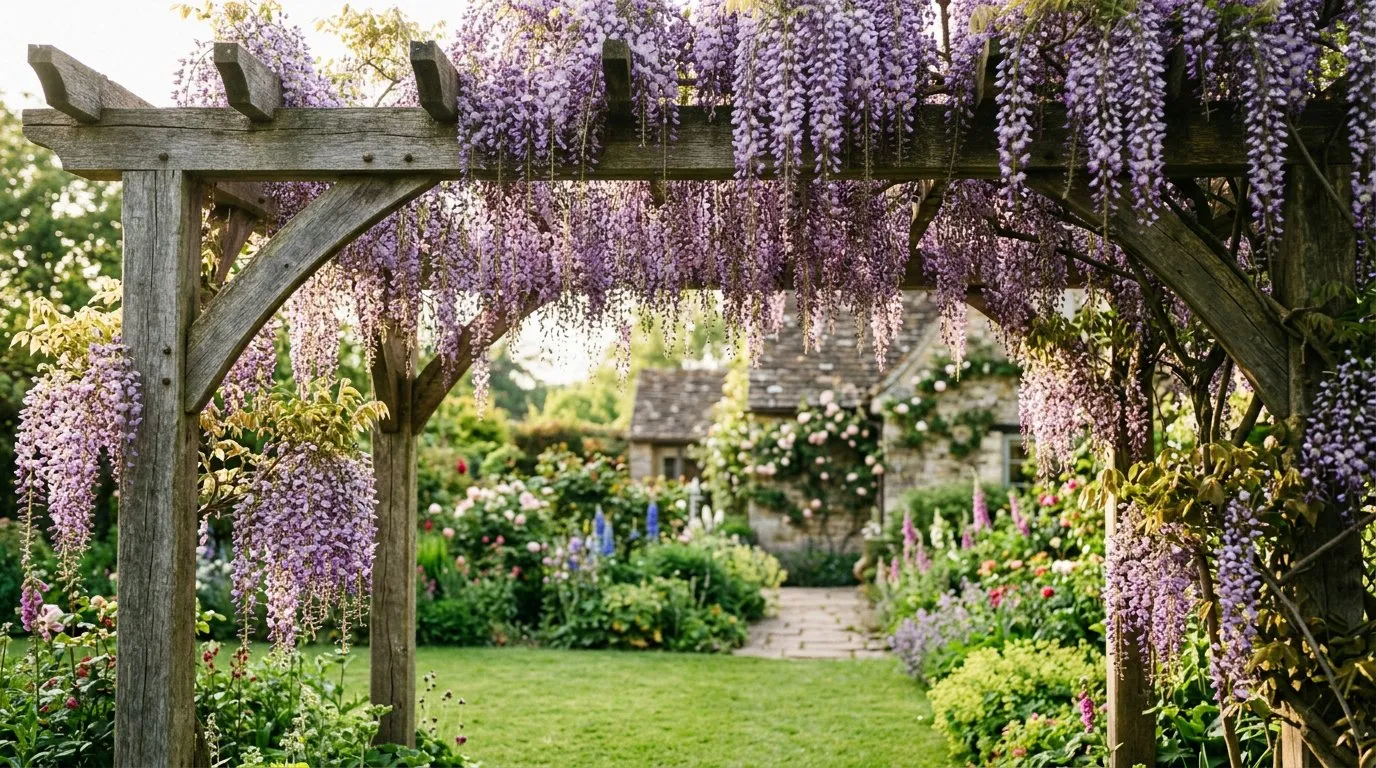 Mature wisteria in full bloom with purple racemes cascading over a wooden pergola in an English cottage garden