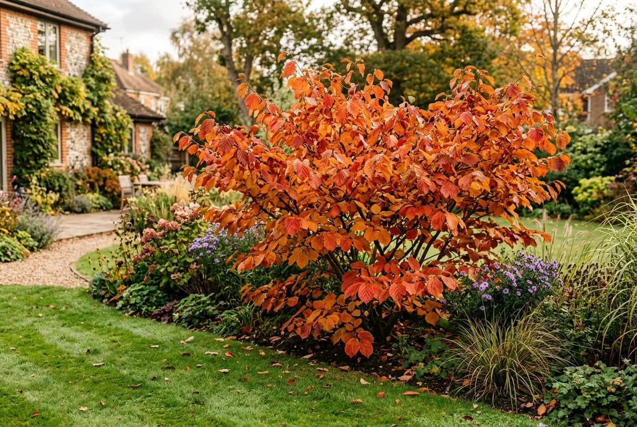 Witch hazel showing spectacular autumn foliage in shades of orange red and gold in a suburban garden